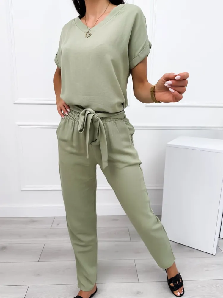 Khaki Lniany Komplet 12275-172-E|Modna Kiecka Best