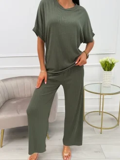 Khaki Prążkowany Komplet 13864-513-C|Modna Kiecka Best