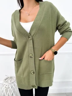 Khaki Rozpinany Sweter z Kieszonkami 12635-140-F|Modna Kiecka Discount