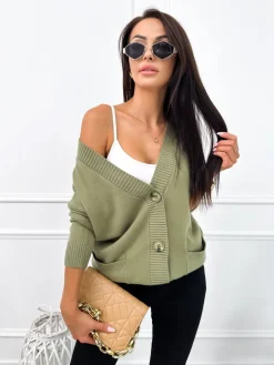 Khaki Rozpinany Sweter z Kieszonkami 12635-140-F|Modna Kiecka Discount