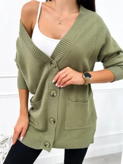 Khaki Rozpinany Sweter z Kieszonkami 12635-140-F|Modna Kiecka Discount