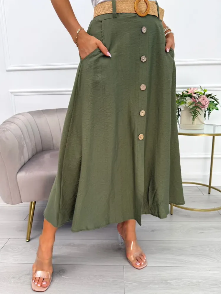 Khaki Spódnica z Paskiem 14081-511-B|Modna Kiecka Best