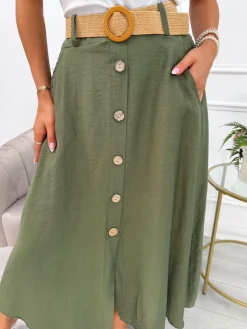 Khaki Spódnica z Paskiem 14081-511-B|Modna Kiecka Best
