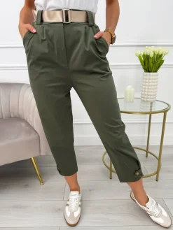 Khaki Spodnie z Paskiem i Kieszeniami 13664-530-E|Modna Kiecka Fashion