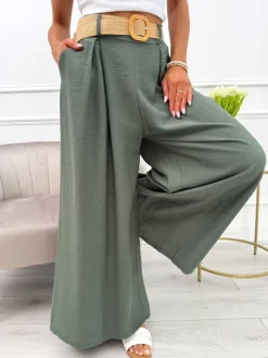 Khaki Spodnie z Szeroką Nogawką i Paskiem 13936-407-B|Modna Kiecka Outlet