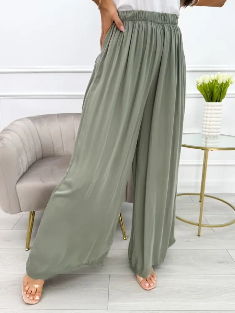 Khaki Spodnie z Szeroką Nogawką 13990-309-B|Modna Kiecka Online