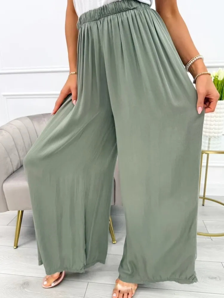 Khaki Spodnie z Szeroką Nogawką 13990-309-B|Modna Kiecka Online