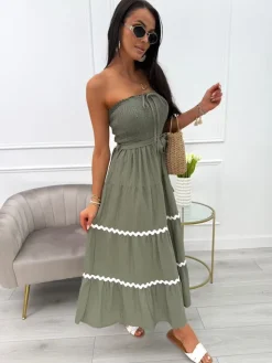 Khaki Sukienka bez Rękawów 14022-74-E|Modna Kiecka Hot