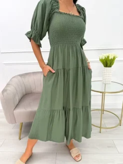 Khaki Sukienka Hiszpanka Midi 13991-313-B|Modna Kiecka Discount