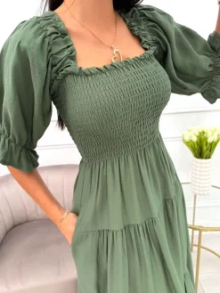 Khaki Sukienka Hiszpanka Midi 13991-313-B|Modna Kiecka Discount