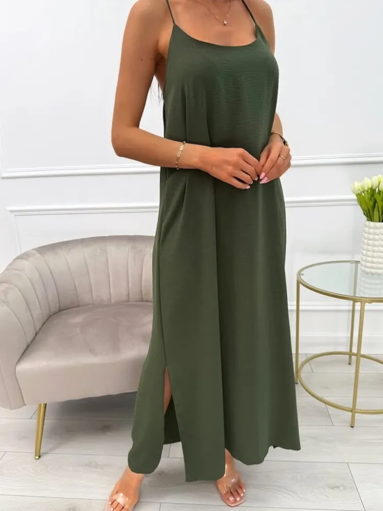 Khaki Sukienka Maxi na Ramiączkach 13880-143-D|Modna Kiecka Online
