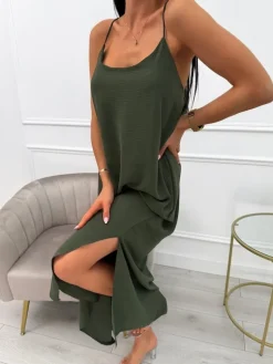 Khaki Sukienka Maxi na Ramiączkach 13880-143-D|Modna Kiecka Online