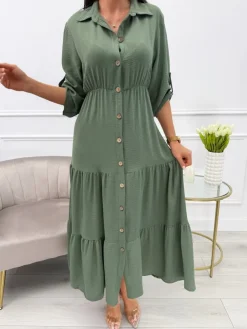 Khaki Sukienka Maxi z Guzikami 13767-65-C|Modna Kiecka Discount
