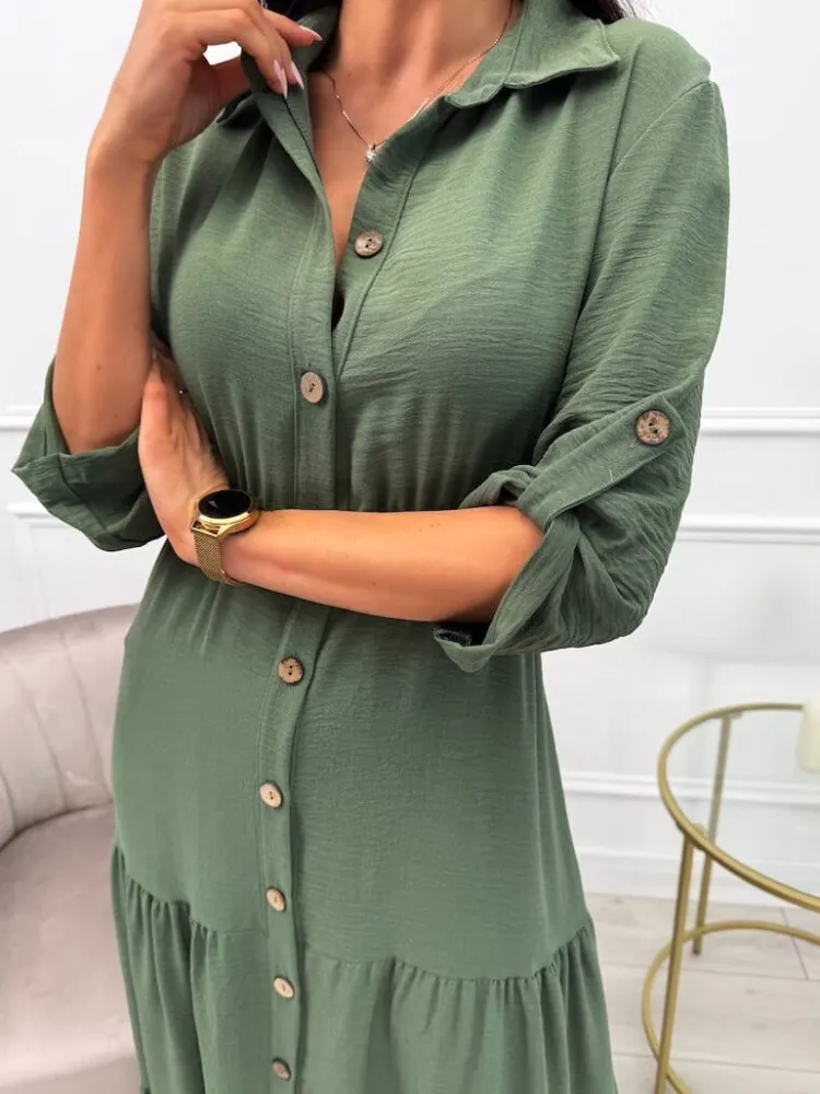 Khaki Sukienka Maxi z Guzikami 13767-65-C|Modna Kiecka Discount