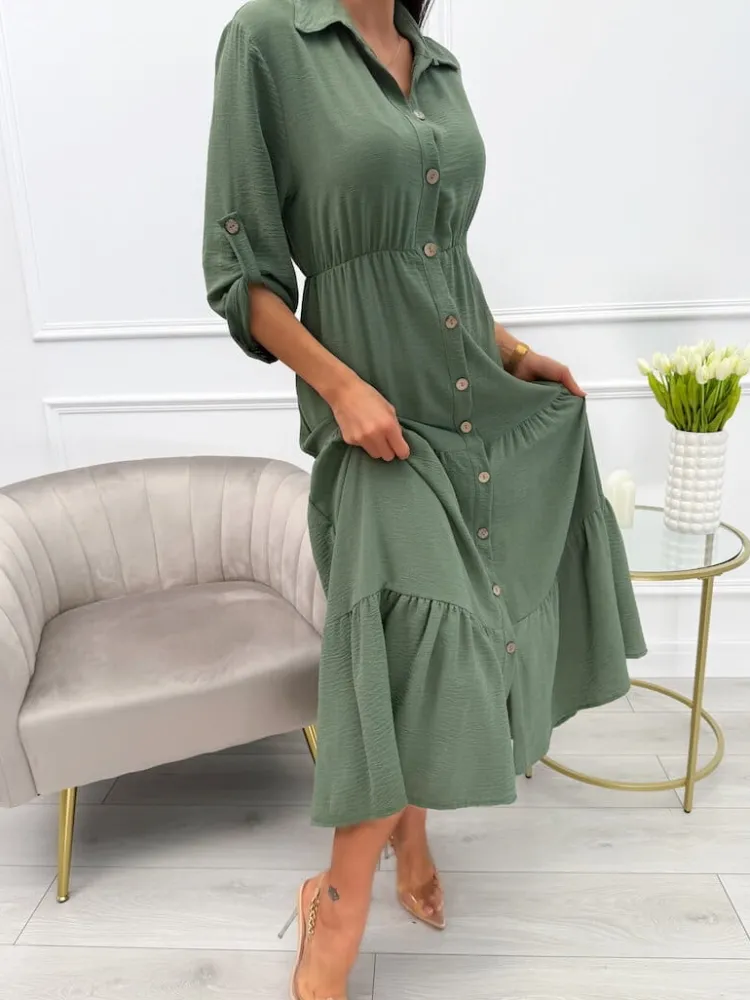 Khaki Sukienka Maxi z Guzikami 13767-65-C|Modna Kiecka Discount