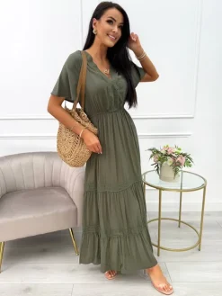 Khaki Sukienka Maxi z Ozdobnym Haftem 14021-229-D|Modna Kiecka Fashion
