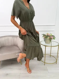 Khaki Sukienka Maxi z Ozdobnym Haftem 14021-229-D|Modna Kiecka Fashion