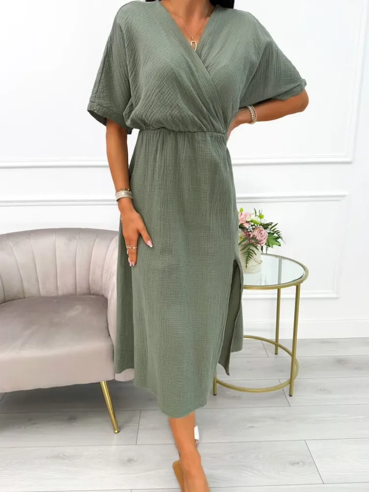 Khaki Sukienka Maxi z Rozporkiem 14099-509-B|Modna Kiecka Online