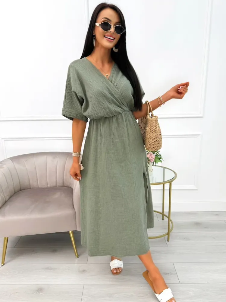 Khaki Sukienka Maxi z Rozporkiem 14099-509-B|Modna Kiecka Online
