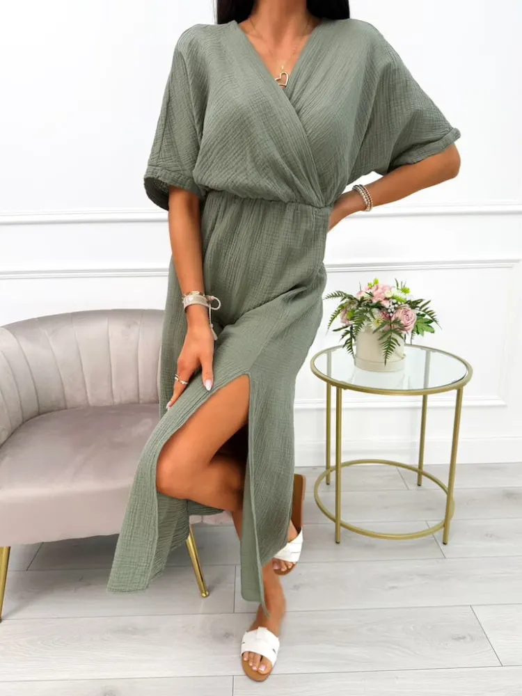 Khaki Sukienka Maxi z Rozporkiem 14099-509-B|Modna Kiecka Online