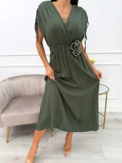 Khaki Sukienka Midi ze Ściągaczem na Ramionach 13908-274-B|Modna Kiecka Fashion