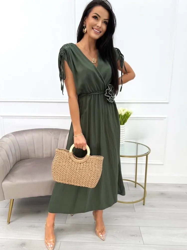 Khaki Sukienka Midi ze Ściągaczem na Ramionach 13908-274-B|Modna Kiecka Fashion