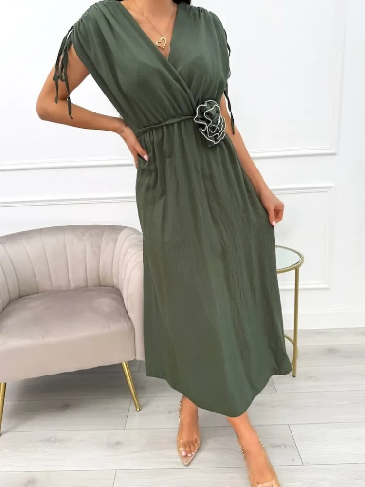 Khaki Sukienka Midi ze Ściągaczem na Ramionach 13908-274-B|Modna Kiecka Fashion