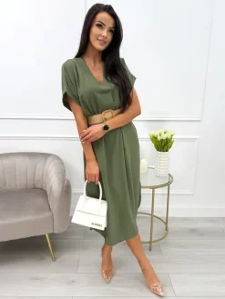 Khaki Sukienka z Dekoltem V i Paskiem 13791-165-C|Modna Kiecka Discount