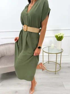 Khaki Sukienka z Dekoltem V i Paskiem 13791-165-C|Modna Kiecka Discount