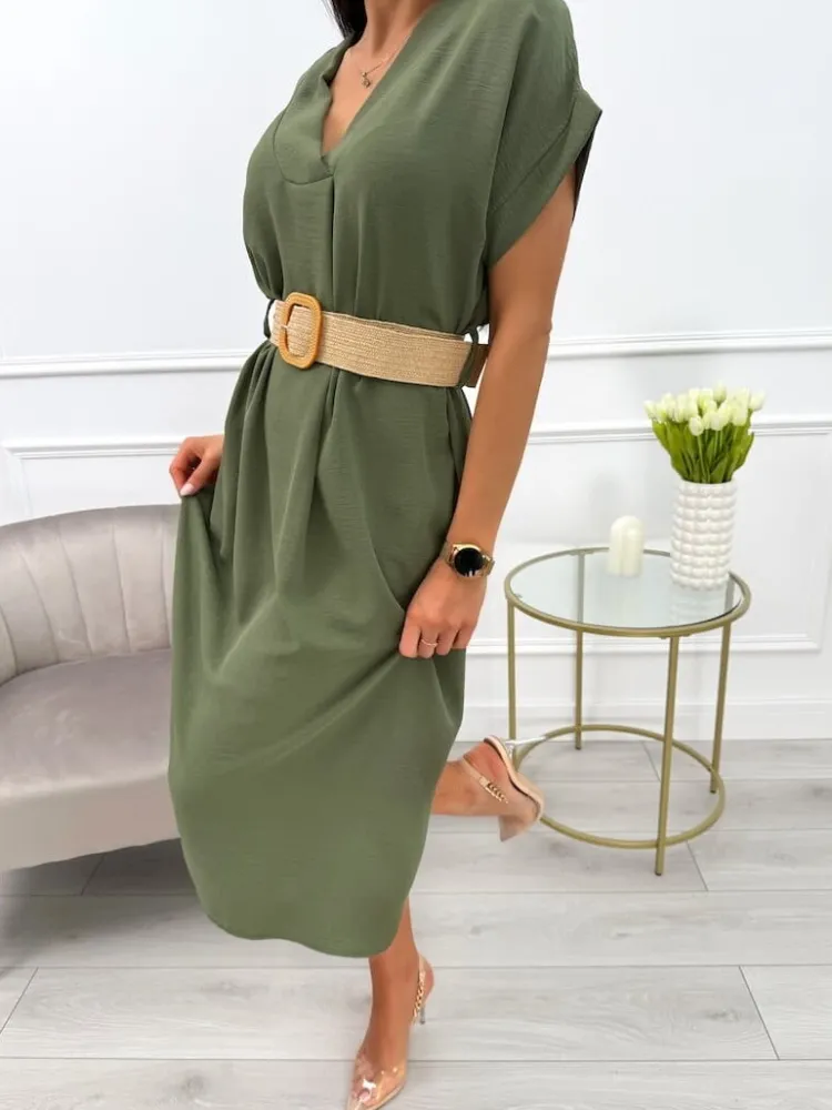 Khaki Sukienka z Dekoltem V i Paskiem 13791-165-C|Modna Kiecka Discount