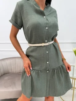 Khaki Sukienka z Falbanką 13888-317-D|Modna Kiecka Sale
