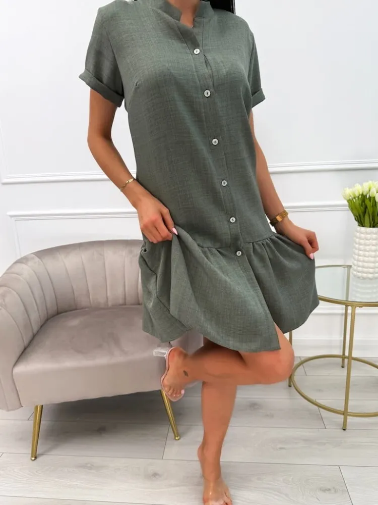 Khaki Sukienka z Falbanką 13888-317-D|Modna Kiecka Sale