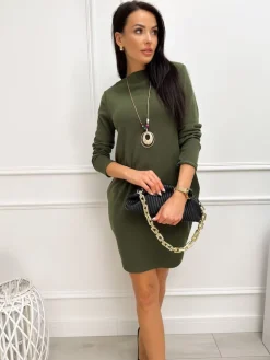 Khaki Sukienka z Kieszeniami i Ozdobnym Wisiorkiem 13245-210-C|Modna Kiecka Online