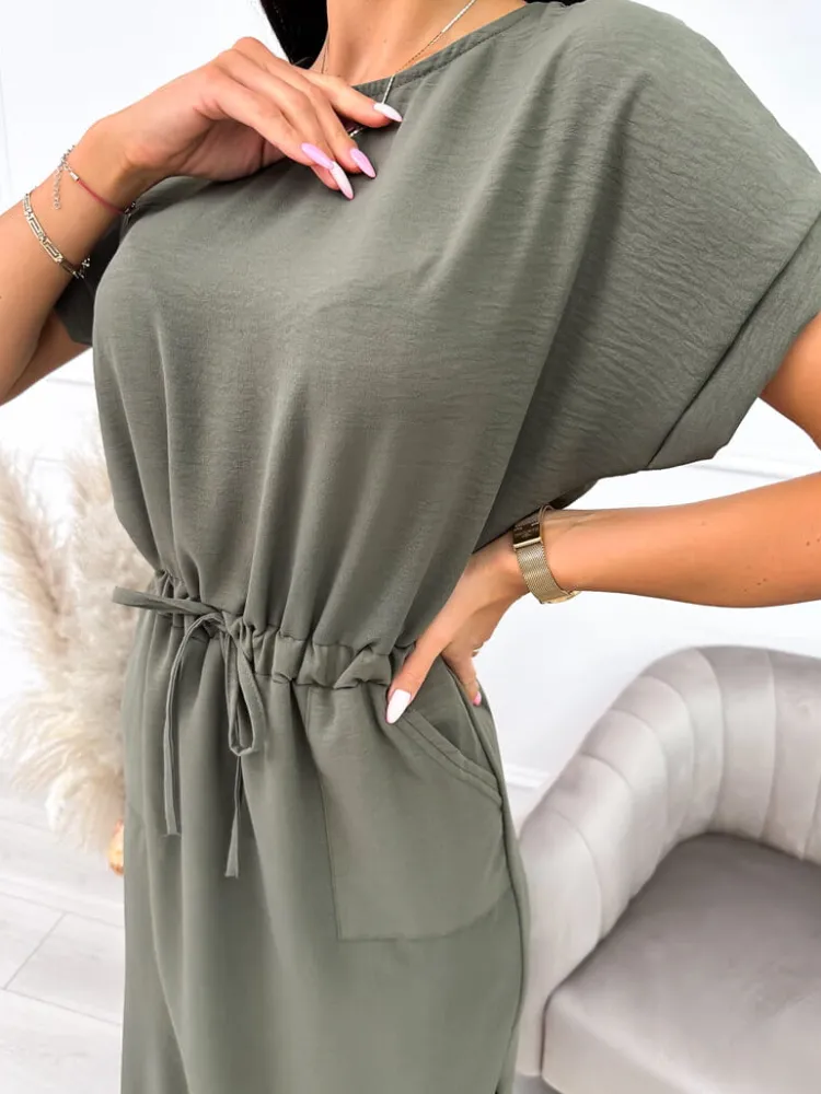 Khaki Sukienka z Kieszonkami 10330-227-D|Modna Kiecka Outlet