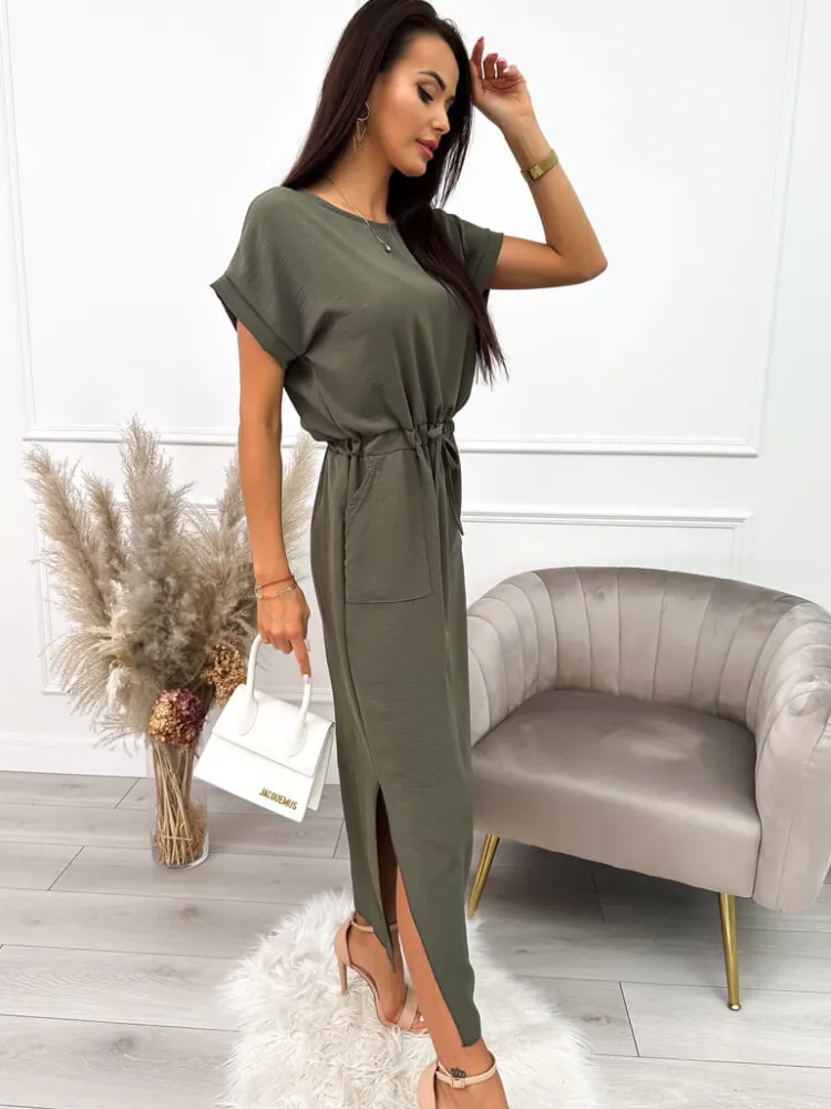 Khaki Sukienka z Kieszonkami 10330-227-D|Modna Kiecka Outlet
