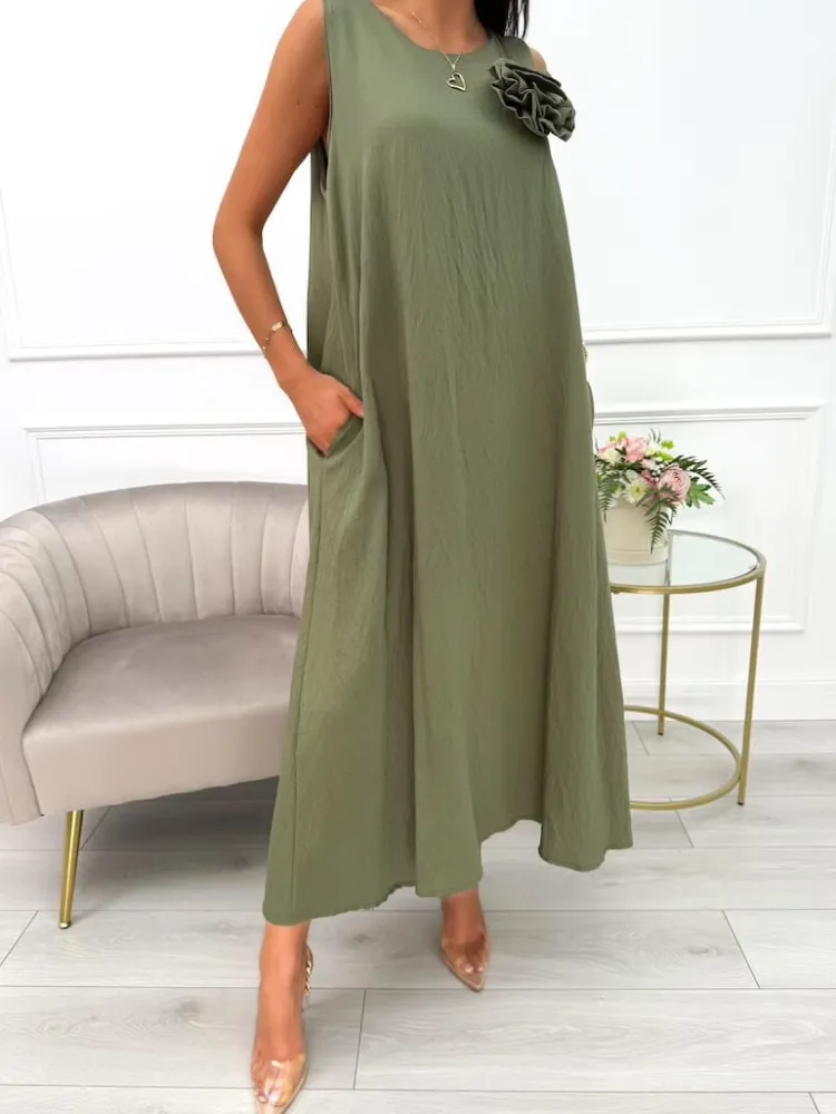 Khaki Sukienka z Ozdobną Broszką i Kieszeniami 14043-56-B|Modna Kiecka Clearance
