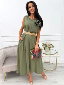 Khaki Sukienka z Ozdobną Broszką i Kieszeniami  14043-56-B|Modna Kiecka Clearance