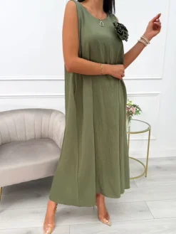 Khaki Sukienka z Ozdobną Broszką i Kieszeniami 14043-56-B|Modna Kiecka Clearance