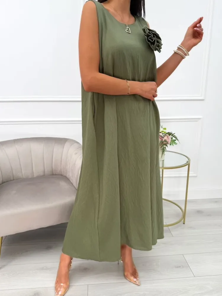 Khaki Sukienka z Ozdobną Broszką i Kieszeniami 14043-56-B|Modna Kiecka Clearance