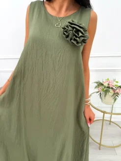 Khaki Sukienka z Ozdobną Broszką i Kieszeniami 14043-56-B|Modna Kiecka Clearance