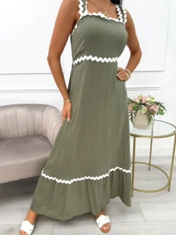 Khaki Sukienka z Ozdobnymi Ramiączkami 14025-509-E|Modna Kiecka Clearance