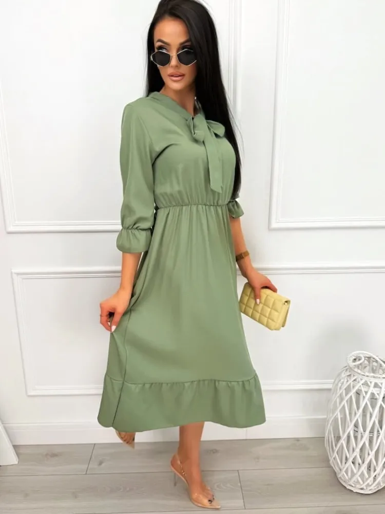 Khaki Sukienka z Wiązaniem 13494-121-D|Modna Kiecka Fashion