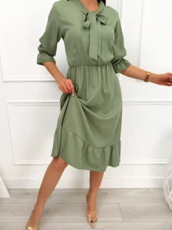 Khaki Sukienka z Wiązaniem 13494-121-D|Modna Kiecka Fashion