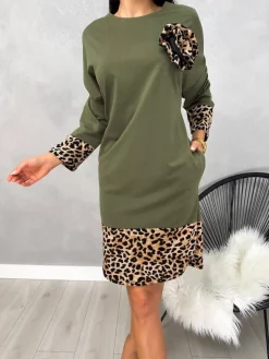 Khaki Sukienka ze Wstawkami w Panterkę 13106-525-D|Modna Kiecka Best