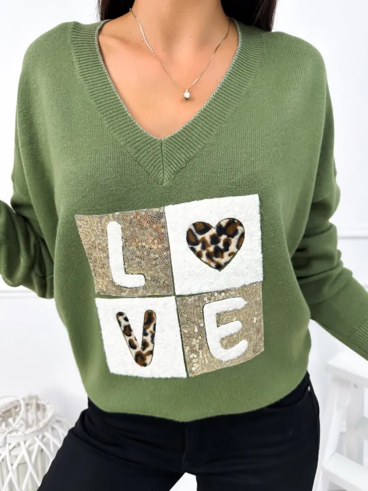 Khaki Sweter z Aplikacją 12770-65-G|Modna Kiecka Clearance