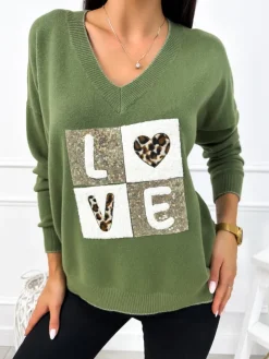 Khaki Sweter z Aplikacją 12770-65-G|Modna Kiecka Clearance