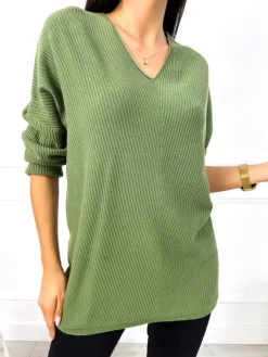Khaki Sweterek z Dekoltem V 13049-284-F|Modna Kiecka New