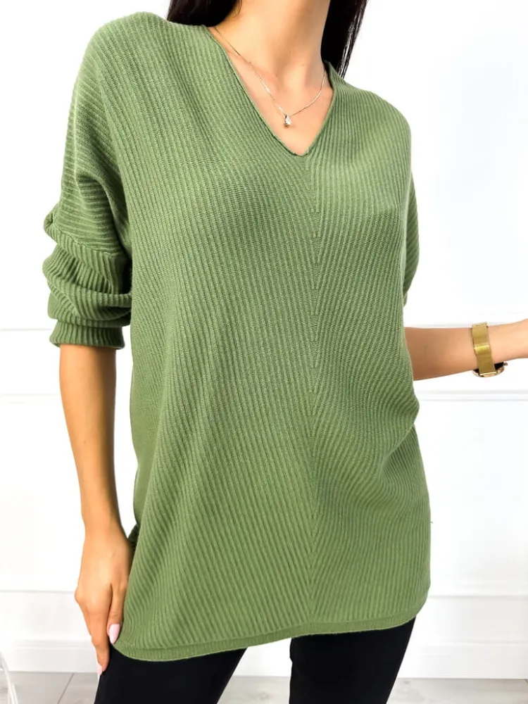 Khaki Sweterek z Dekoltem V 13049-284-F|Modna Kiecka New