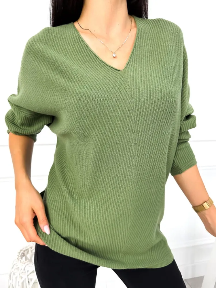 Khaki Sweterek z Dekoltem V 13049-284-F|Modna Kiecka New