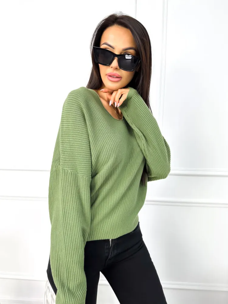 Khaki Sweterek z Dekoltem V 13049-284-F|Modna Kiecka New